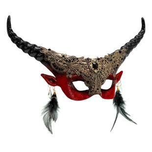 Masque luxe diable rouge avec plumes pour déguisement théâtre 2