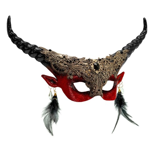 Masque luxe diable rouge avec plumes pour déguisement théâtre