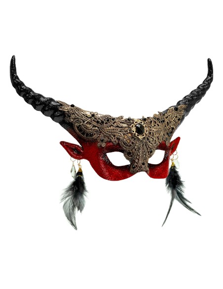 Masque luxe diable rouge avec plumes pour déguisement théâtre