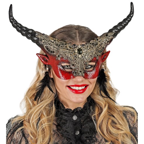 Masque luxe diable rouge avec plumes pour déguisement théâtre