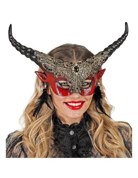 Masque luxe diable rouge avec plumes pour déguisement théâtre