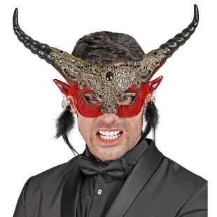 Masque luxe diable rouge avec plumes pour déguisement théâtre