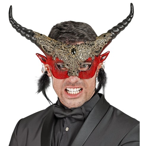 Masque luxe diable rouge avec plumes pour déguisement théâtre