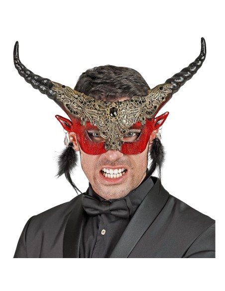 Masque luxe diable rouge avec plumes pour déguisement théâtre