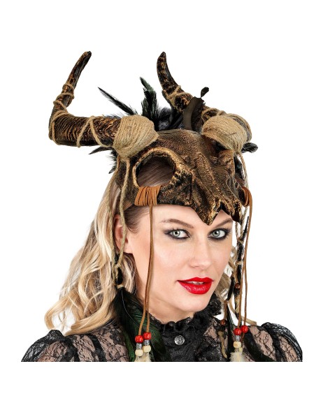 Masque chaman crâne de taureau avec plumes pour magie vaudou