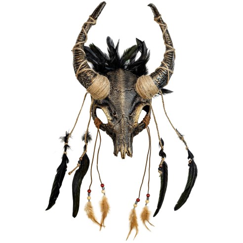 Masque chaman crâne de taureau avec plumes pour magie vaudou