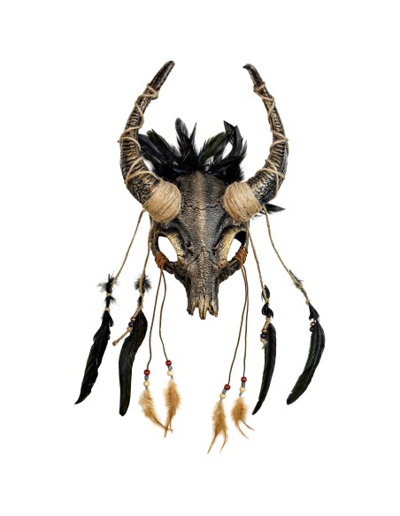 Masque chaman crâne de taureau avec plumes pour magie vaudou