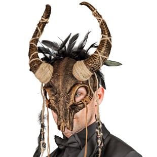 Masque chaman crâne de taureau avec plumes pour magie vaudou