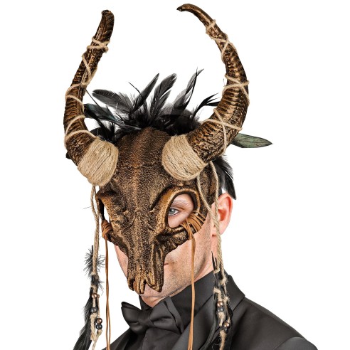 Masque chaman crâne de taureau avec plumes pour magie vaudou