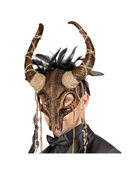 Masque chaman crâne de taureau avec plumes pour magie vaudou
