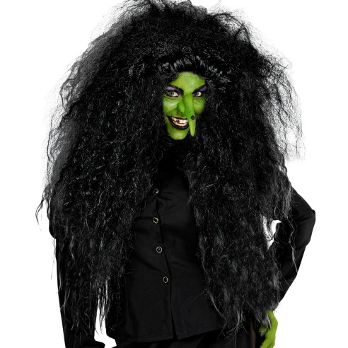 Perruque frisée noire ébouriffée pour déguisement de sorcière