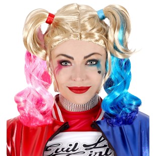 Perruque blonde Harley Quinn avec couettes roses et bleues 2