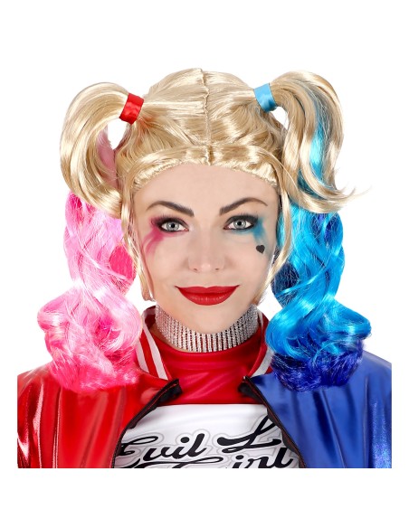 Perruque blonde Harley Quinn avec couettes roses et bleues