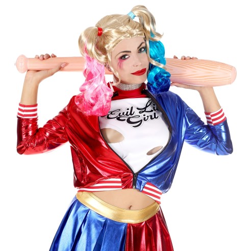 Perruque blonde Harley Quinn avec couettes roses et bleues