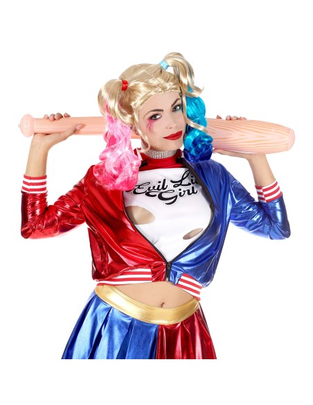Perruque blonde Harley Quinn avec couettes roses et bleues