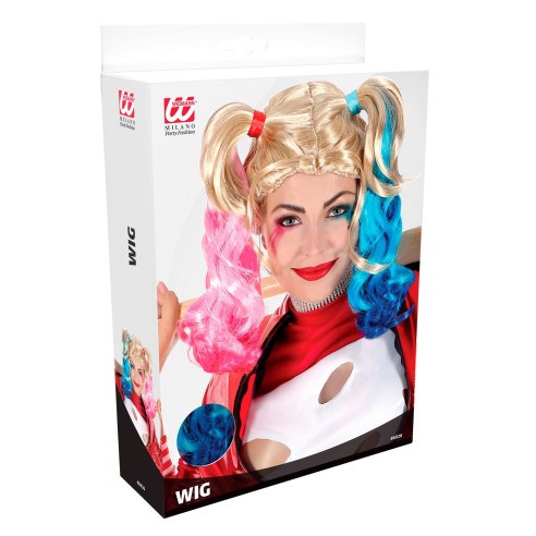 Perruque blonde Harley Quinn avec couettes roses et bleues