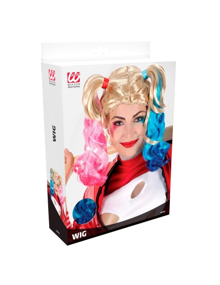 Perruque blonde Harley Quinn avec couettes roses et bleues