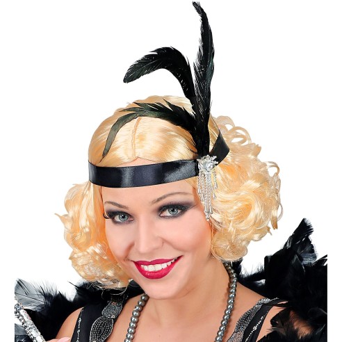 Perruque années 20 blonde avec bandeau et plumes style charleston
