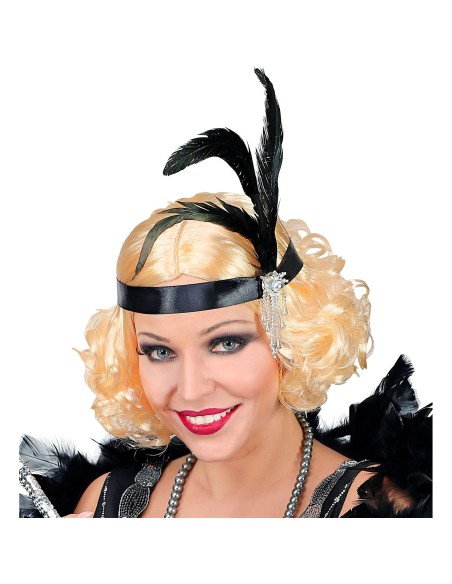 Perruque années 20 blonde avec bandeau et plumes style charleston