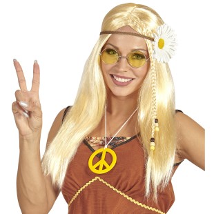 Perruque longue et blonde hippie avec petit bandeau marguerite