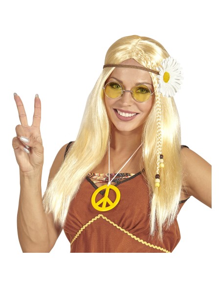 Perruque longue et blonde hippie avec petit bandeau marguerite