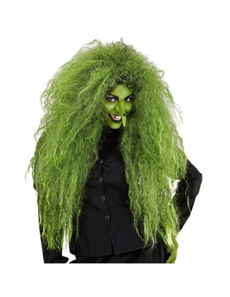 Perruque de sorcière Halloween verte longue et ébouriffée