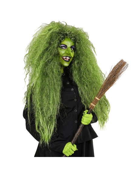Perruque de sorcière Halloween verte longue et ébouriffée