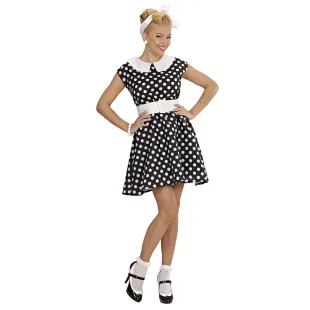 Costume thème années 50 robe noire à pois blancs chez Festimania