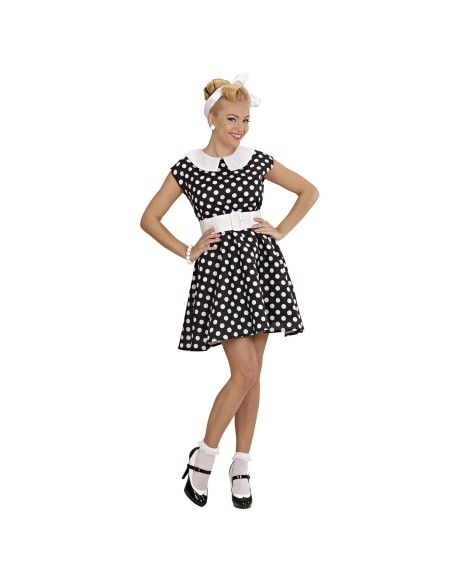 Costume thème années 50 robe noire à pois blancs chez Festimania