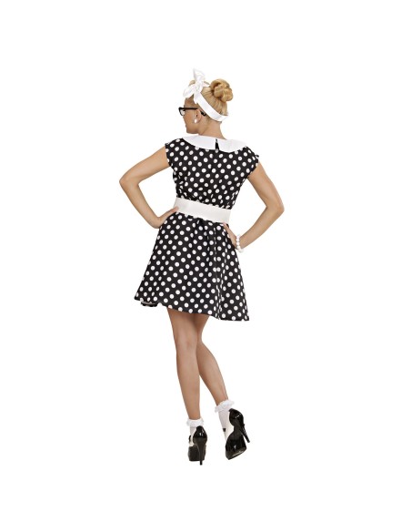 Costume thème années 50 robe noire à pois blancs chez Festimania