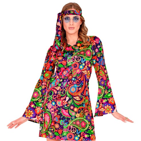 Robe hippie motifs psychédéliques pour soirée déguisée Flower Power