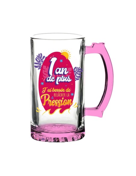 Chope de bière anniversaire 1 an de plus fuchsia
