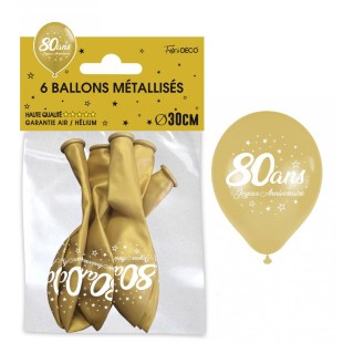 6 ballons 80 ans couleur or pour décoration anniversaire adulte