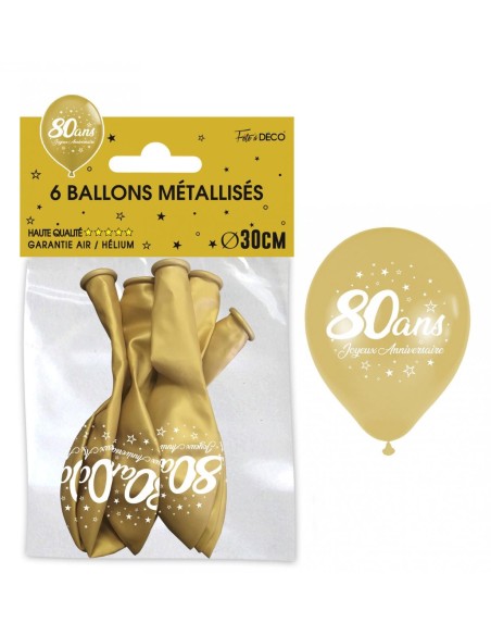 6 ballons 80 ans couleur or pour décoration anniversaire adulte
