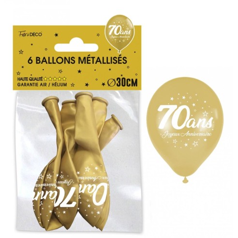 6 ballons 70 ans couleur or pour décoration anniversaire adulte