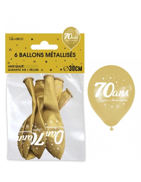 6 ballons 70 ans couleur or pour décoration anniversaire adulte