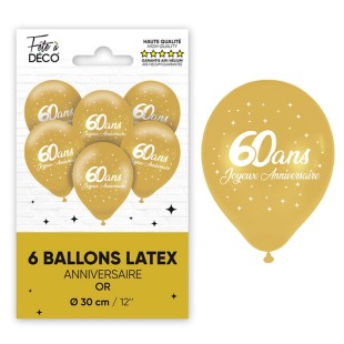 6 ballons 60 ans couleur or pour décoration anniversaire adulte