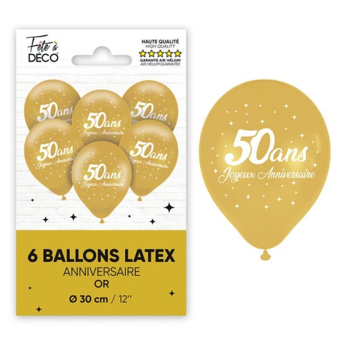 6 ballons 50 ans couleur or pour décoration anniversaire adulte
