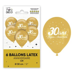 6 ballons 30 ans couleur or pour décoration anniversaire adulte
