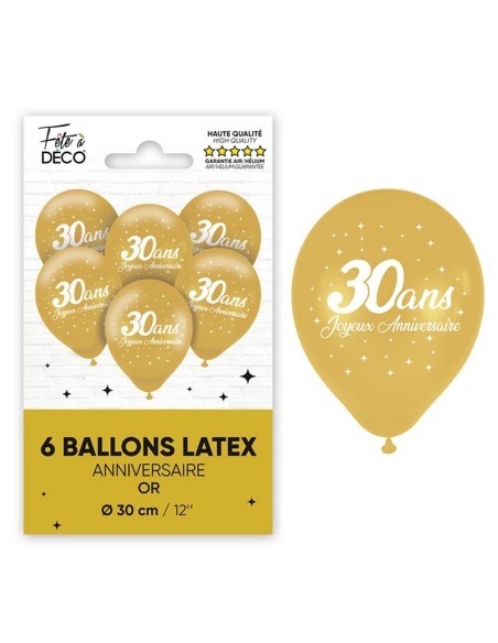 6 ballons 30 ans couleur or pour décoration anniversaire adulte