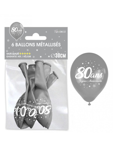 6 ballons 80 ans couleur argent pour décoration anniversaire adulte