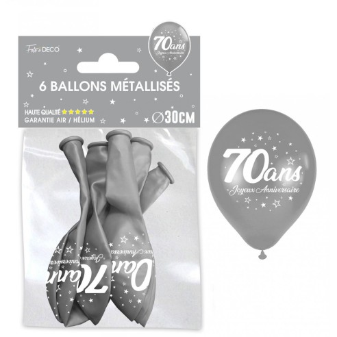 6 ballons 70 ans couleur argent pour décoration anniversaire adulte