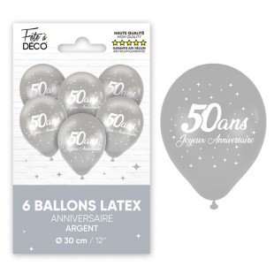 6 ballons 50 ans couleur argent pour décoration anniversaire adulte
