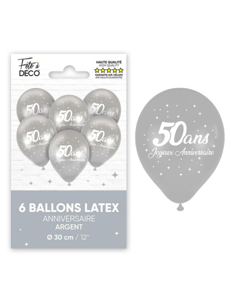 6 ballons 50 ans couleur argent pour décoration anniversaire adulte