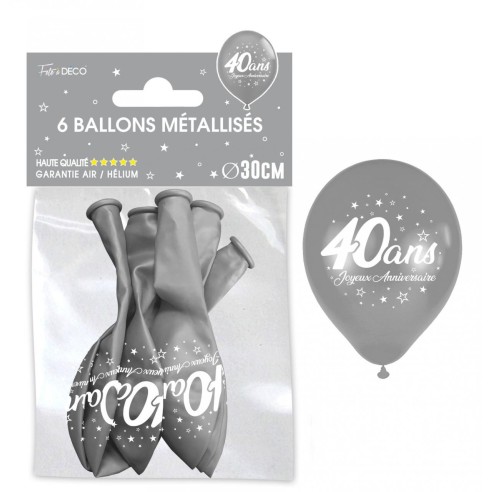 6 ballons 40 ans couleur argent pour décoration anniversaire adulte
