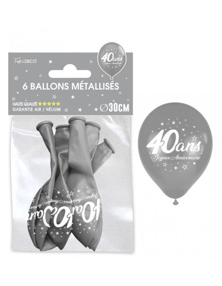 6 ballons 40 ans couleur argent pour décoration anniversaire adulte