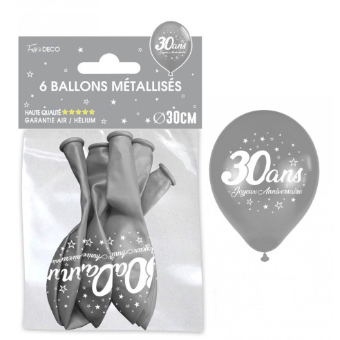 6 ballons 30 ans couleur argent pour décoration anniversaire adulte