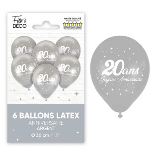 6 ballons 20 ans couleur argent pour décoration anniversaire adulte
