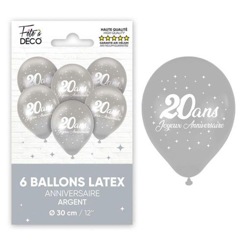 6 ballons 20 ans couleur argent pour décoration anniversaire adulte