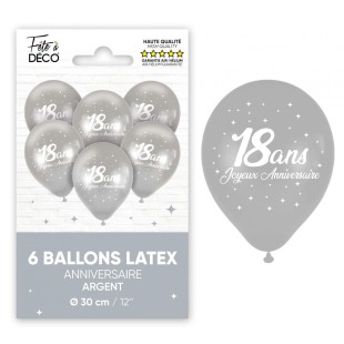 6 ballons 18 ans couleur argent pour décoration anniversaire adulte